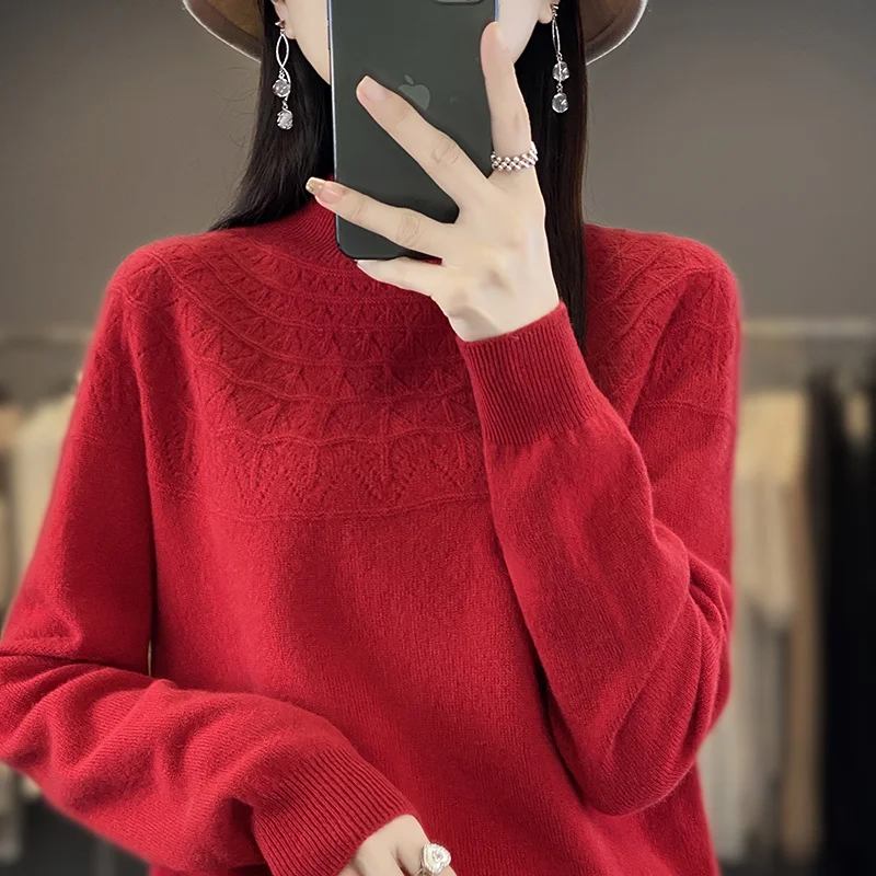 

100% pure sweater women's autumn and winter fashion new series ready-to-wear semi-high collar hollow style knitting bottoming 03