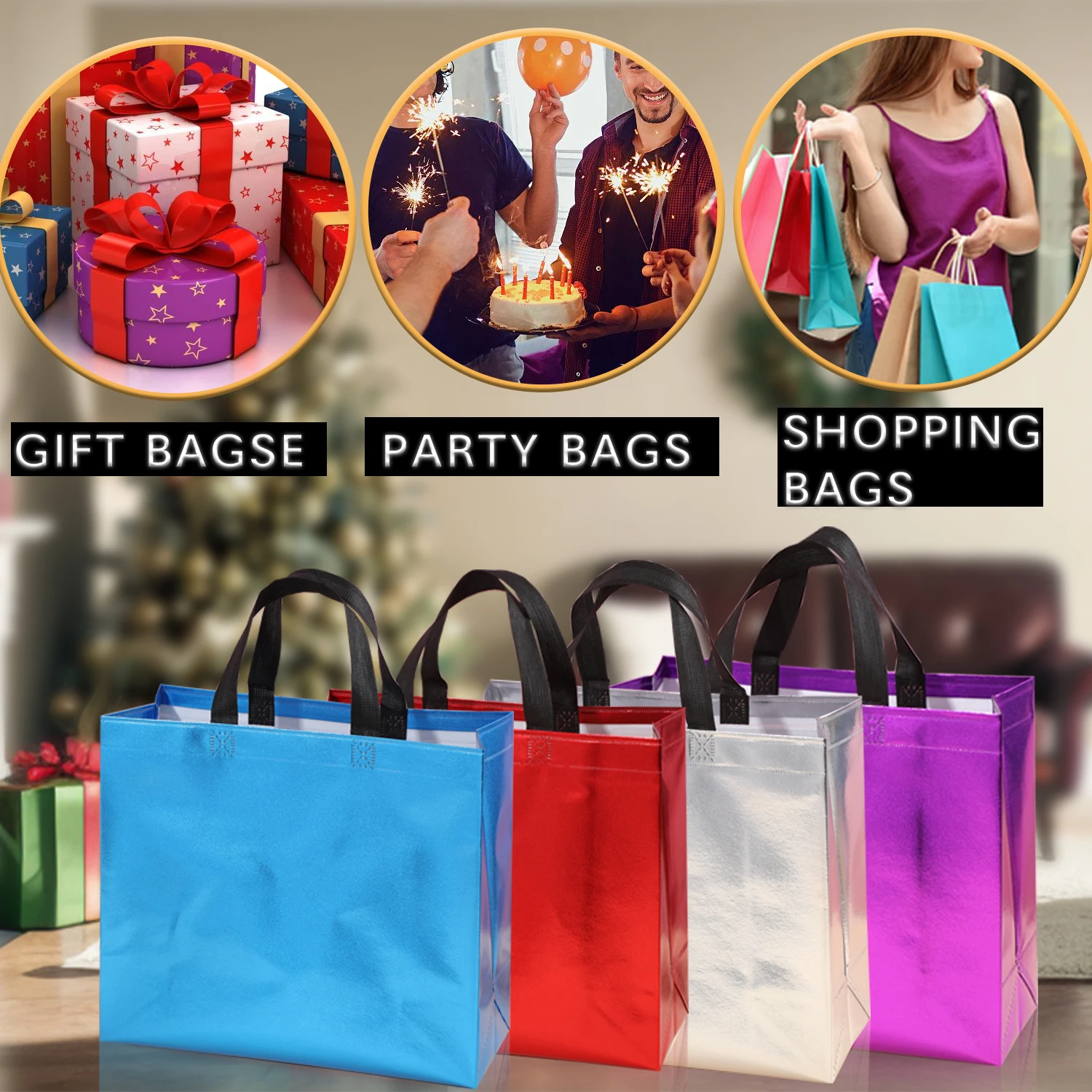 12 large colored Gift Bags, 13 inch reusable Gift Bags, metallic gloss Birthday Party Bags with handles, wedding Bags, candy Bag