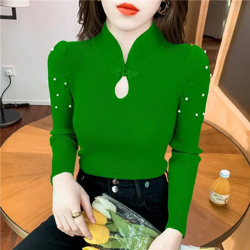 

Retro Beaded Women's Thin Sweater, Stand-up Collar Hollow Knit Winter Women's Women's Clothing ,Korean Fashion Knitwears Winter