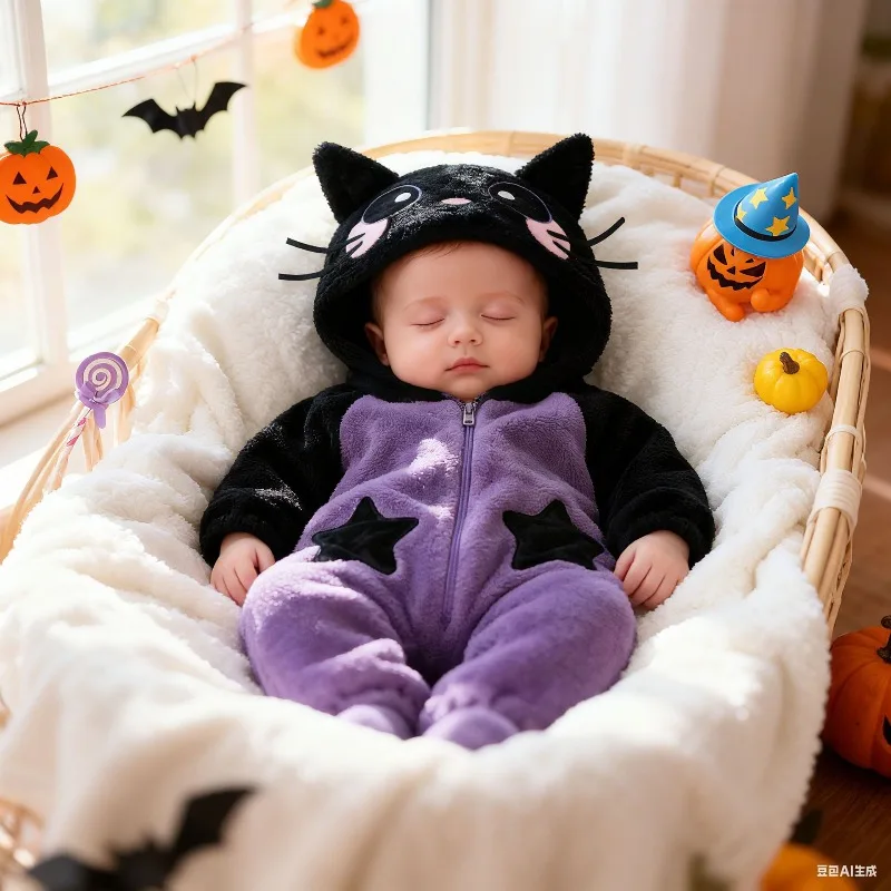 Newborn Baby Black Purple Cat Romper Zip Up Hooded Bodysuit Cartoon Animal Onesie Toddler Halloween Costume Jumpsuit