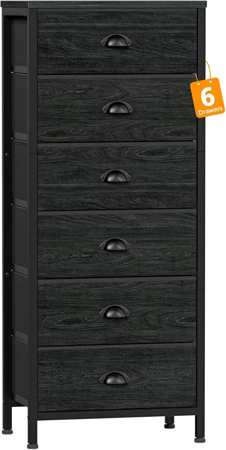 

Furnulem Tall Dresser With 6 Drawers,Vertical Bedside End Table & Chest For Bedroom,Black Storage Tower Dorm Nightstand With