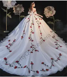 Rose Appliques Ivory Bridal Wedding Dress Off-The-Shoulder Cap Sleeve Backless Full Lace Glitter Tull Ball Gown with Long Train