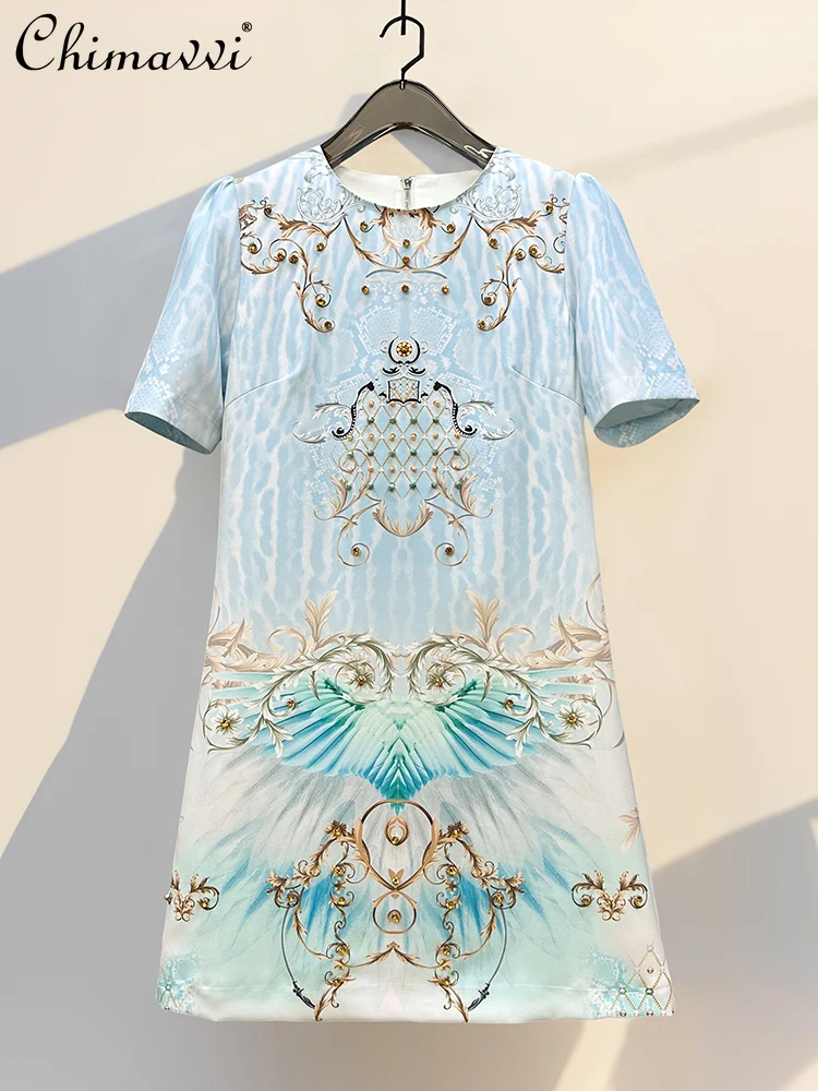 

French Elegant Heavy Industry Diamond Celebrity Summer Dresses Round Neck Short Sleeve High Waist A-line Printed Dress for Women