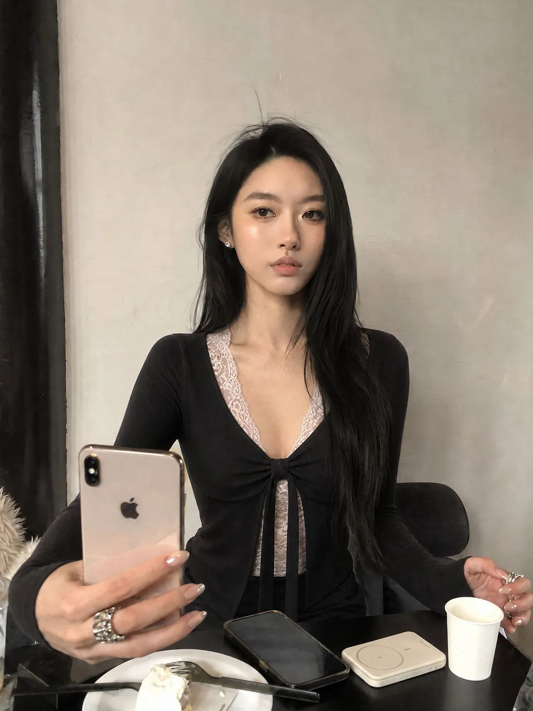 Black V-neck Lace Splice Belted Long Sleeve T-shirt Women's Autumn Elegant Top Slim Fit Casual Style Universal Size