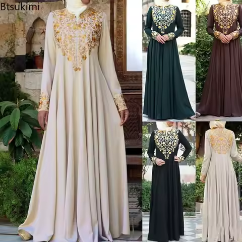 New 2026 Muslim Long Dresses for Women Casual Vintage Abaya Islam Clothing Ethnic Style Printed Maxi Dress Elegant Evening Dress