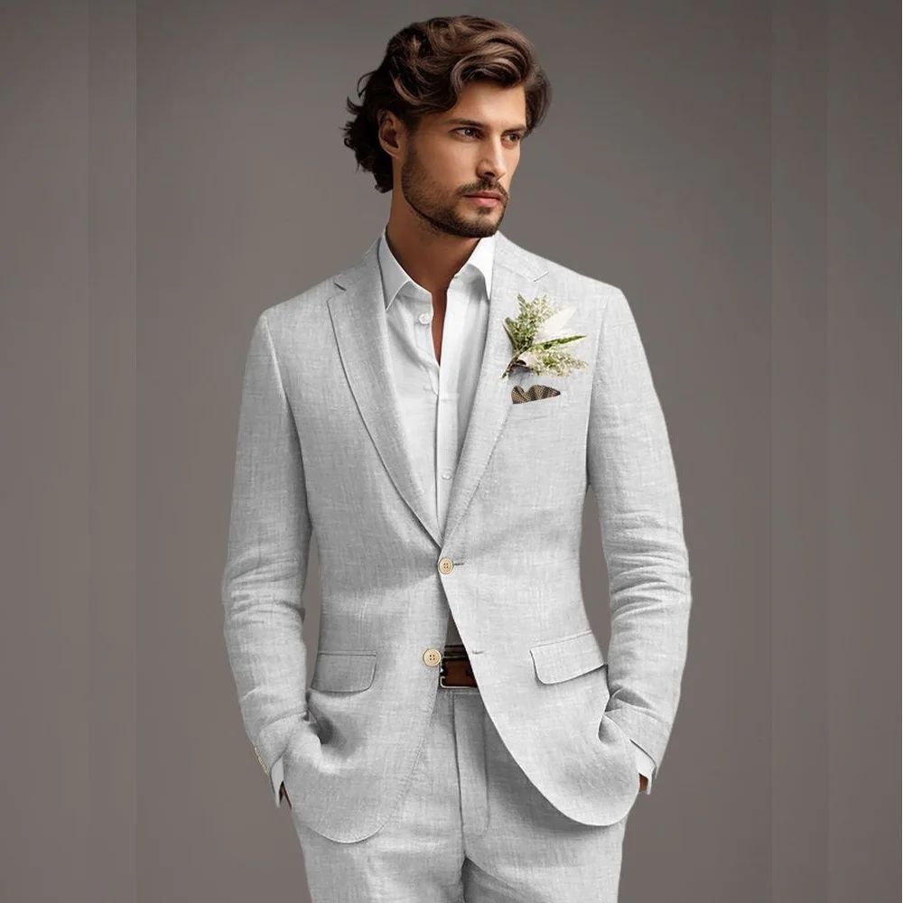

Summer Beach Wedding Linen Men's Suits Notch Lapel Single Breasted Custom Blazer Casual 2 Piece Jacket Pants Outfits Costume