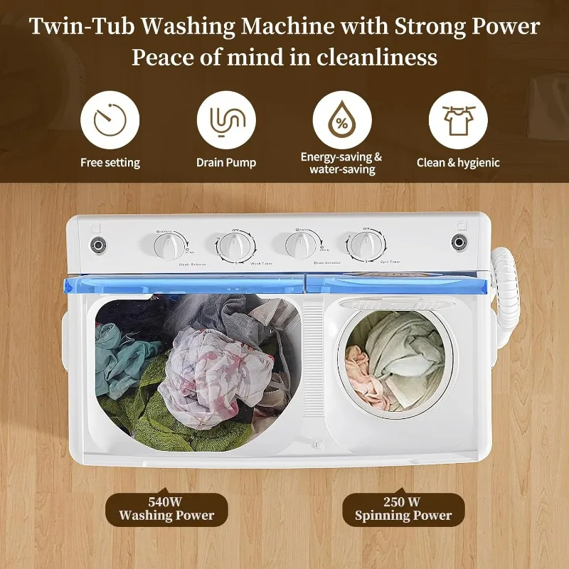 Portable Washing Machine, Twin Tub Laundry Compact Washer spinner Combo with 40lbs capacity,24Lbs Washer and 16Lbs Spinner dryer