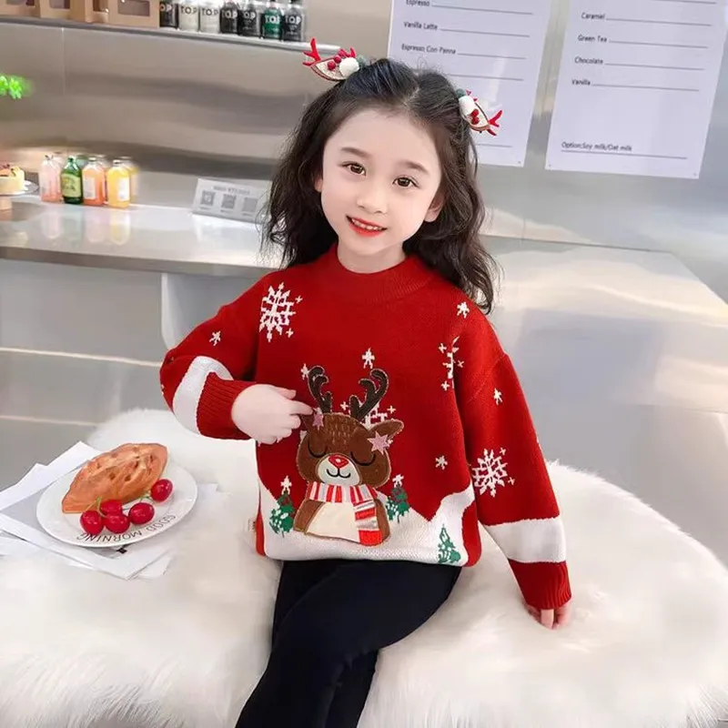 Kids Girls Christmas Deer Pullover Sweater 2024 Autumn/Winter New Snowflake Knitwear Baby Fashion Sweater Winter Clothing