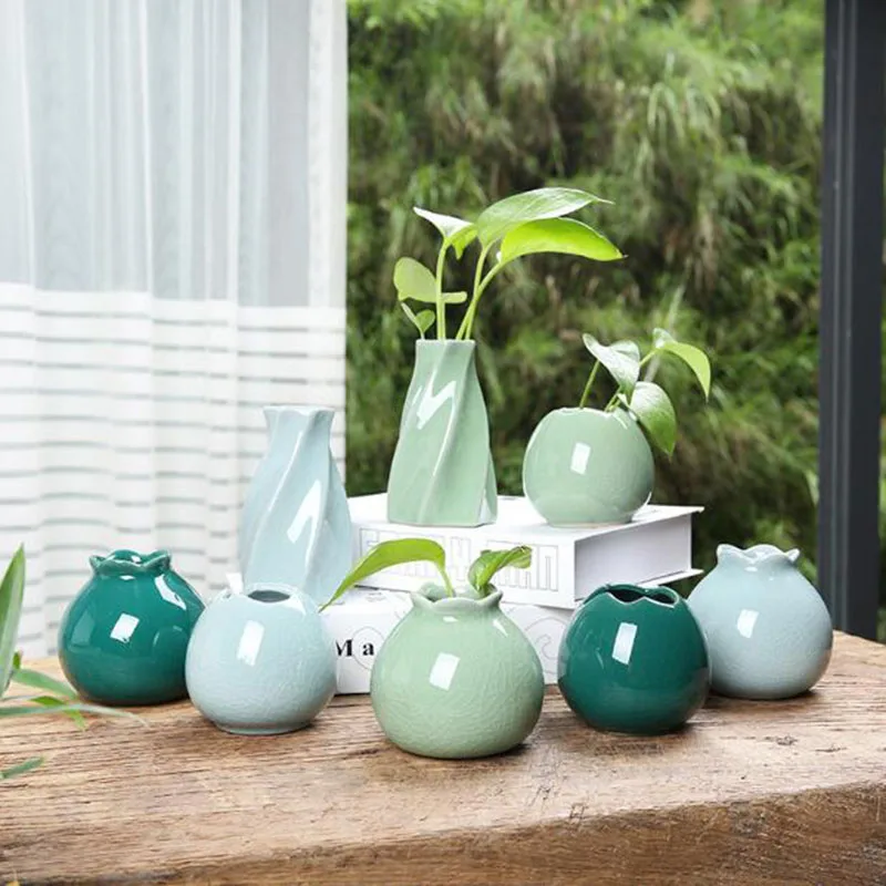 Celadon Hydroponic Plant Floret Applicator Creative Ceramic Household Decoration Vase Green Planter Container Desktop Ornaments