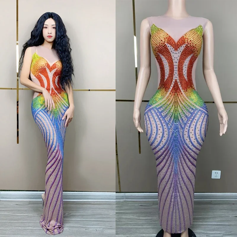 Kolorowa Sukienka Wieczorowa z Cyrkoniami dla Piosenkarki, na Imprezę, Bal, Urodziny, Strój na Scenę, Pokaz Mody, Kostium XS7417