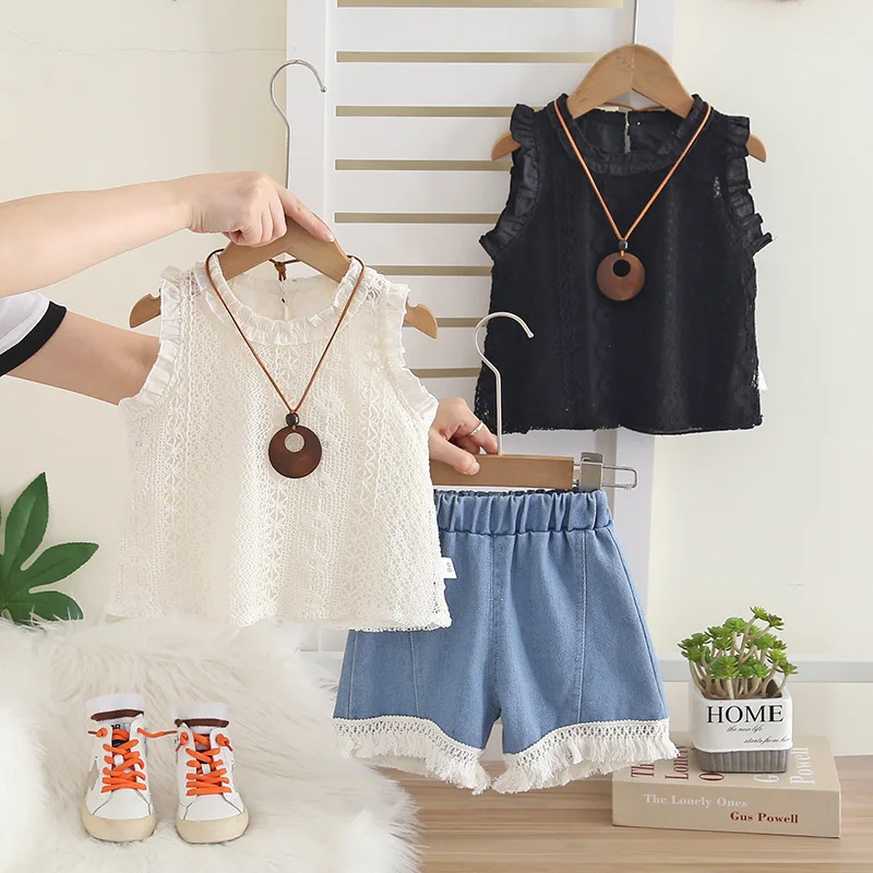 

KidsSummer Sleeveless Girls' Outfit New Fashionable Two-Piece Set for Baby Girls with Stylish Vest and Necklace Trendy Children'