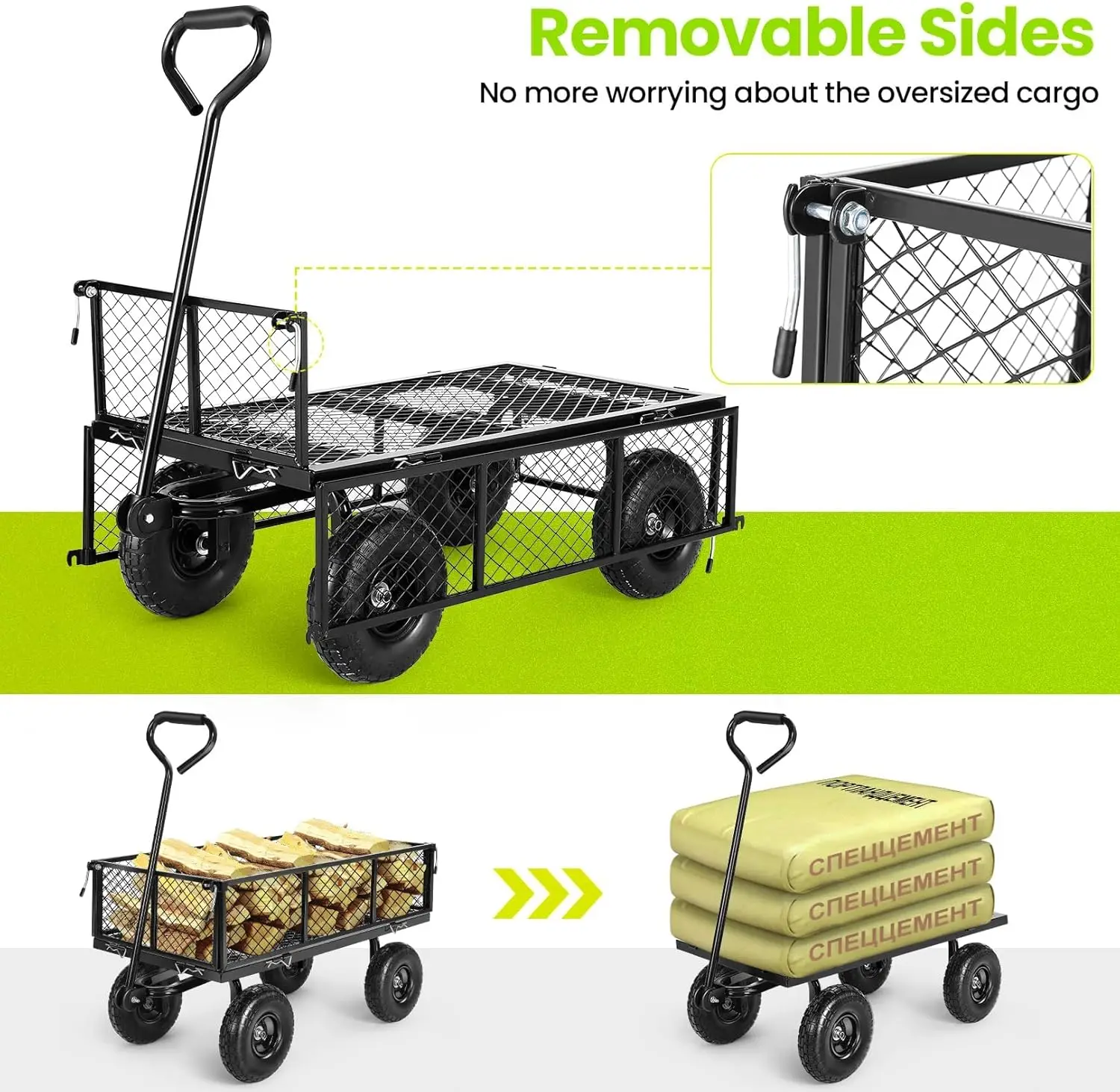 steel Garden Cart 680 lbs Capacity Heavy Duty Garden Wagons,with Removable Steel Mesh Sides to Convert into Flatbed,Utili