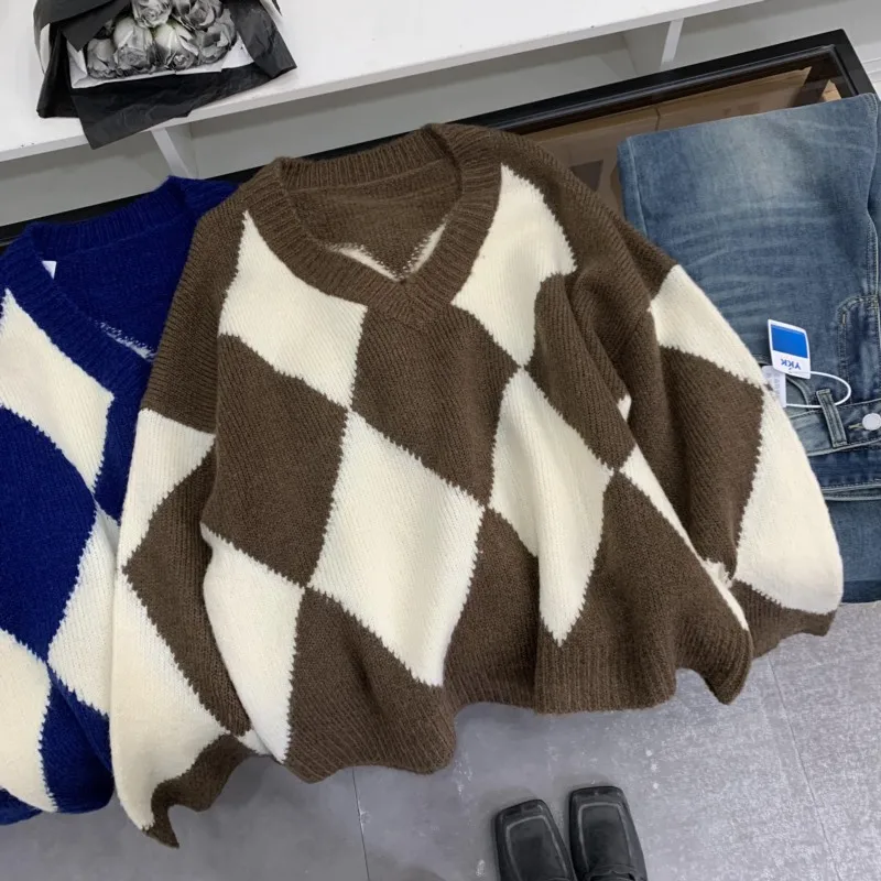 

Loose Fit Long Sve V-Ne Retro Diamond Knit Sweater Women's Winter New Sle Lazy Faion Commute Autumn Winter Sweater