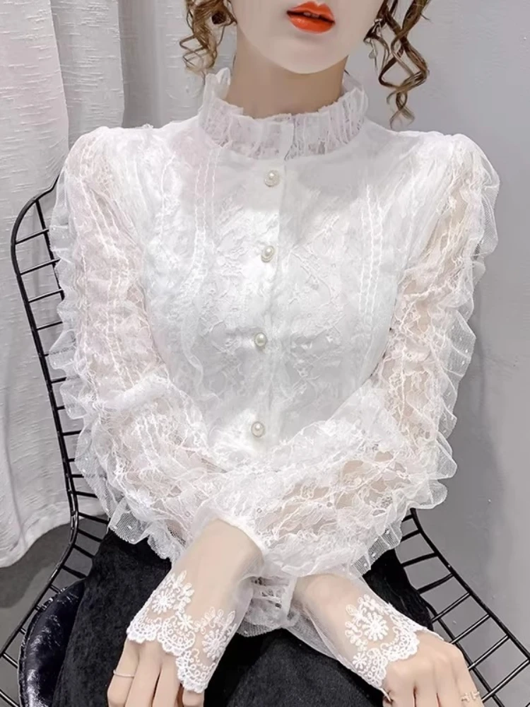 

Белая кружевная блузка для женщин в стиле OL, новинка 2026 года, французский стиль, элегантный воротник с рюшами, рукава-фонарики, приталенный крой, весенняя блузка