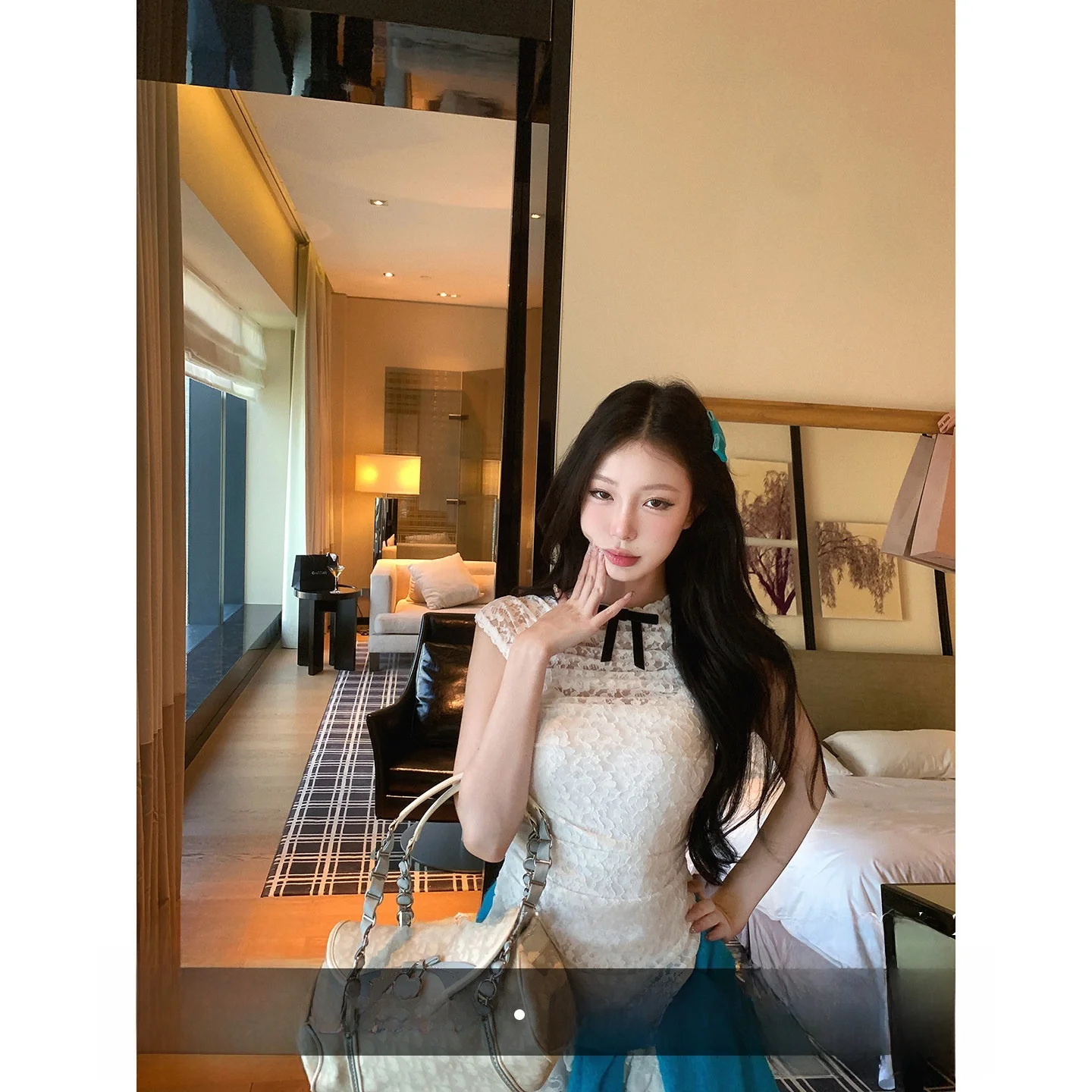 

Pinksoya Lace Pleated Slim Fit Sexy T-irt Women's Casual Sle Breathable ort Sve round Ne ort Length Pure Color