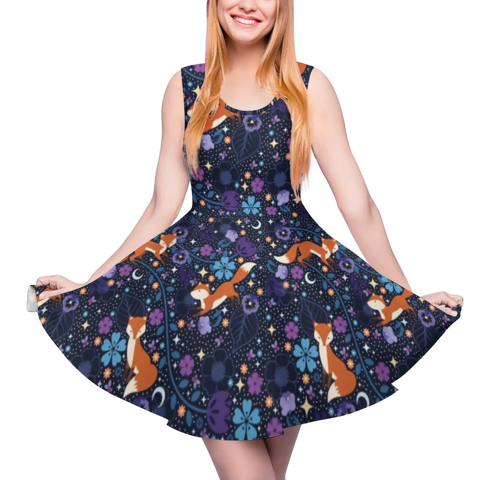 

Dreamy Folk Fox Dress Blue Floral Print Casual Dresses Woman Night Club Skate Dress Summer Print Vestido Large Size