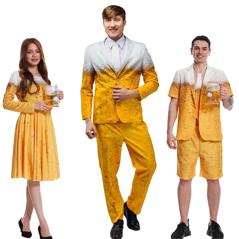 

Adult Oktoberfest Beer Cosplay Costume For Men Women 3d Printed Yellow Beer Suit Party Role Play Costumes Bavarian Fancy Outfit