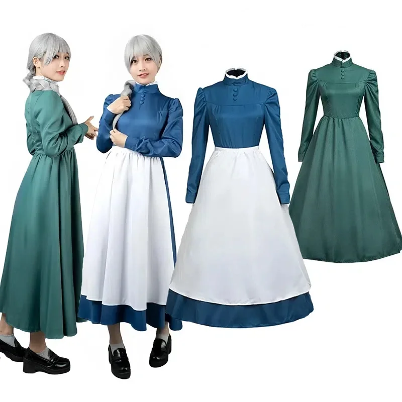 

2026 New Anime Cosplay Costume Women Sophie Dresses Hatter Costume Long Dress Apron Women Halloween Costume