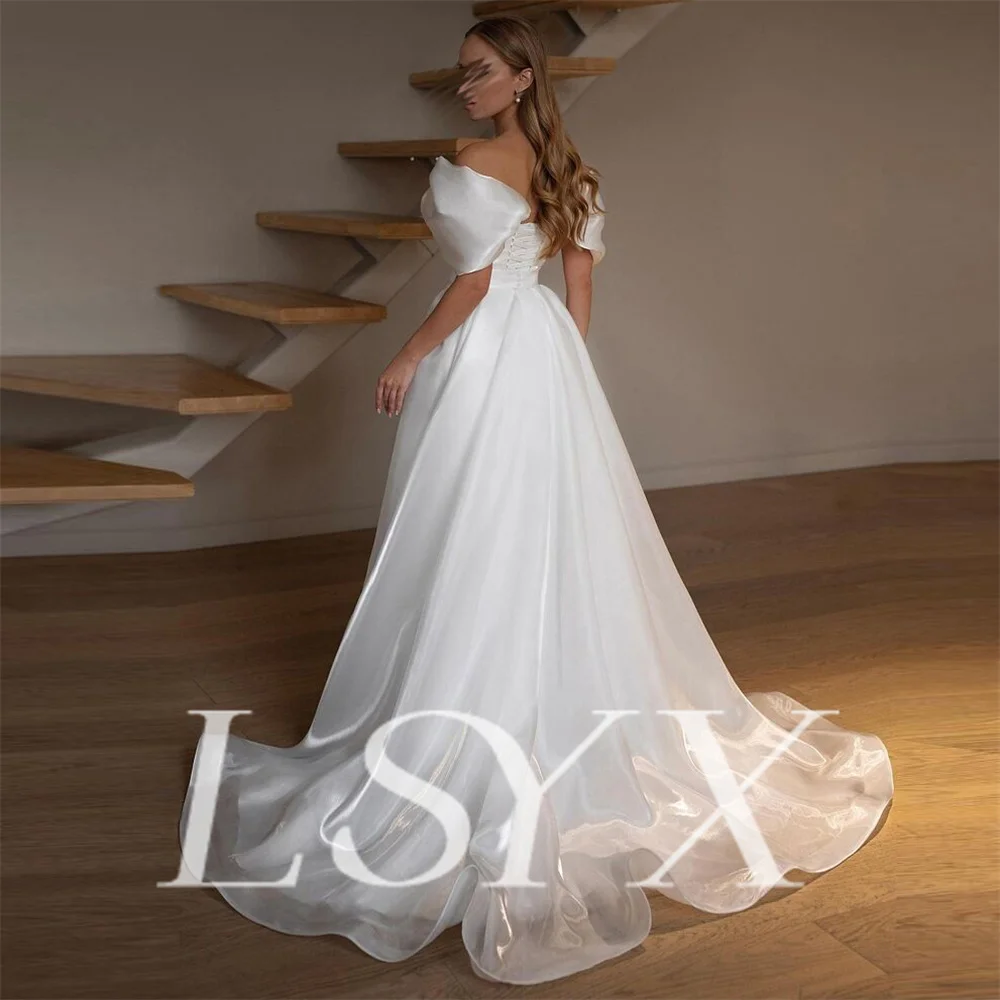 LSYX V Neck Organza Short Pleats Sleeves A Line Wedding Dresses Lace Up Back Floor Length Court Train Bridal Gown Custom Made
