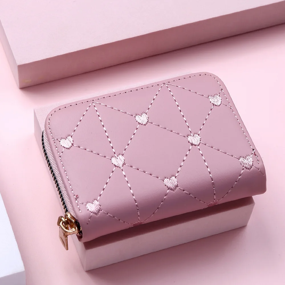 Fashion PU Leather Organ Business Card Holder Women's Embroidered Love Short Wallets Female Small Coin Purse Money Clip Clutch