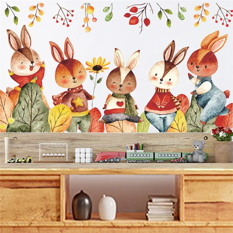 Cute Rabbit Family In Garden Wall Sticker For Kids Bedroom Decor Diy Animal Mural Art Cartoon Home Decal Pvc Poster