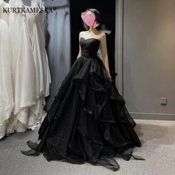 Wedding Shooting Temperament Black Elegant Wedding Party Dresses Strapless Tiered Draped Prom Robe Ball Gown Formal Dress Women