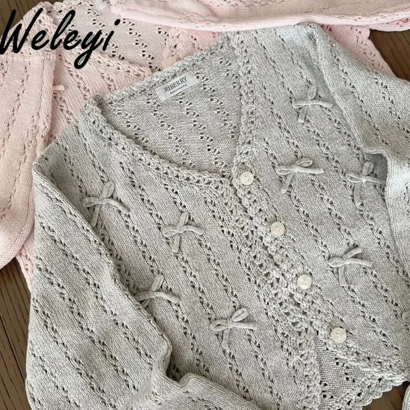 Cute Handmade Hooked Edg Bow Pink Cardigan Autumn 2024 New Lolita Sweet Hollow Out Knit Jumpers Short Knitted Cardigans Feminina