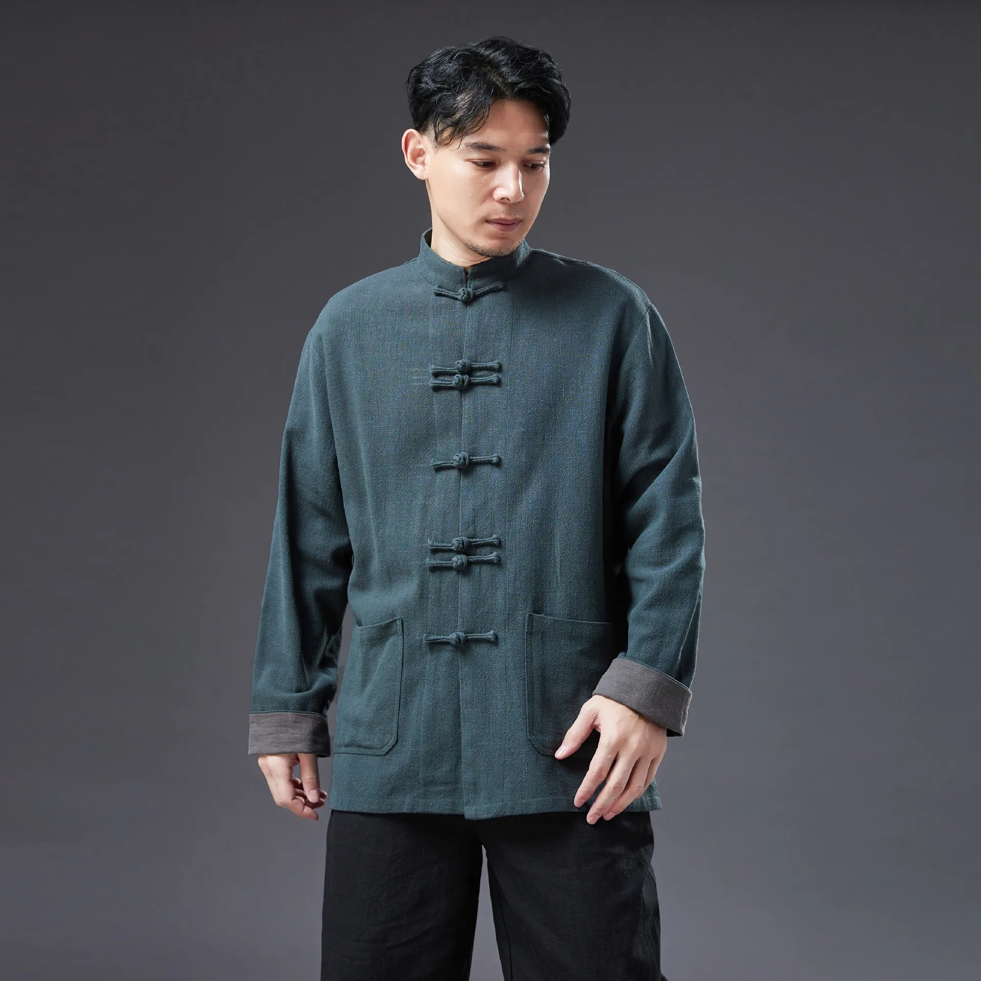 

Spring New Ramie Coat Men's Cardigan Shirt Chinese Style Loose Casual Stand Collar Cardigan Chinese Knot Button Top