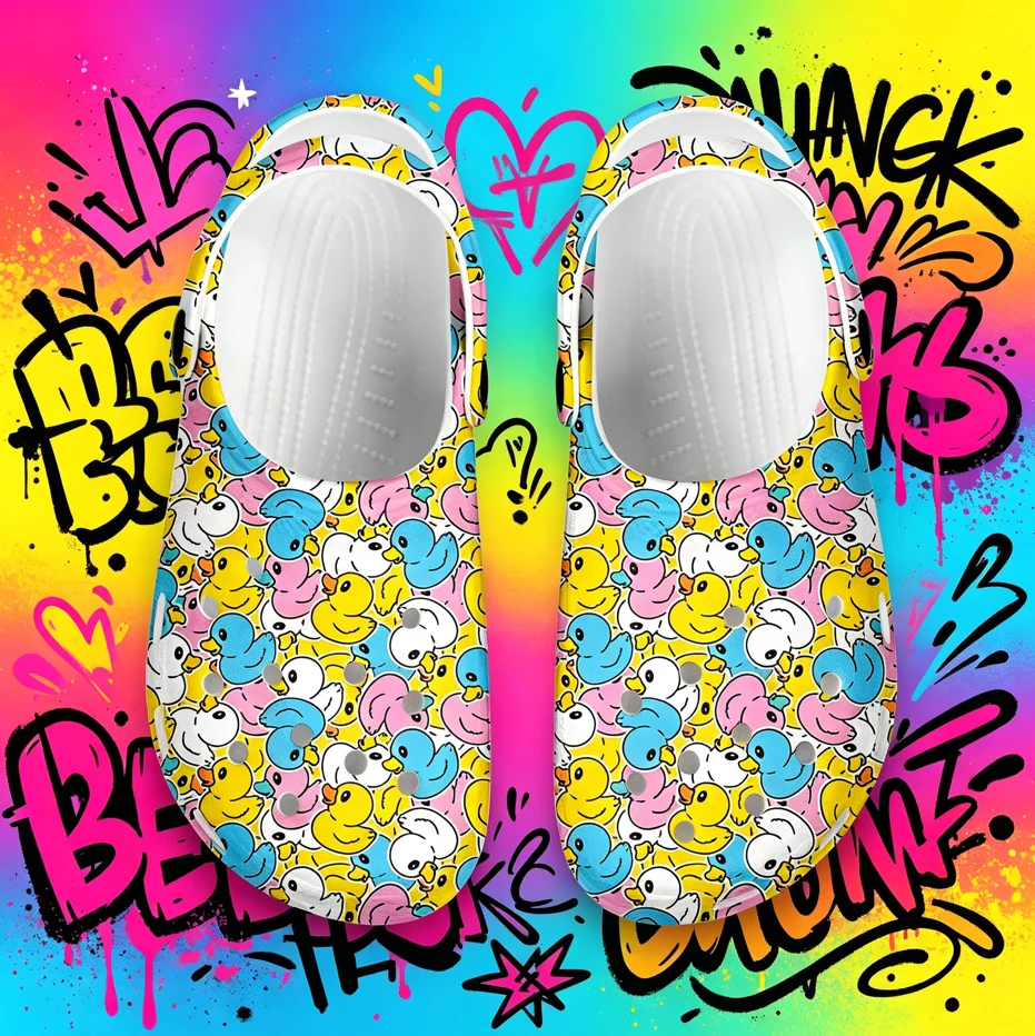 

Cartoon Duck 3D Print Clogs Unisex EVA Soft Thick Sole Hollow Out Non Slip Breathable Summer Beach Indoor Outdoor Casual Hole Sh