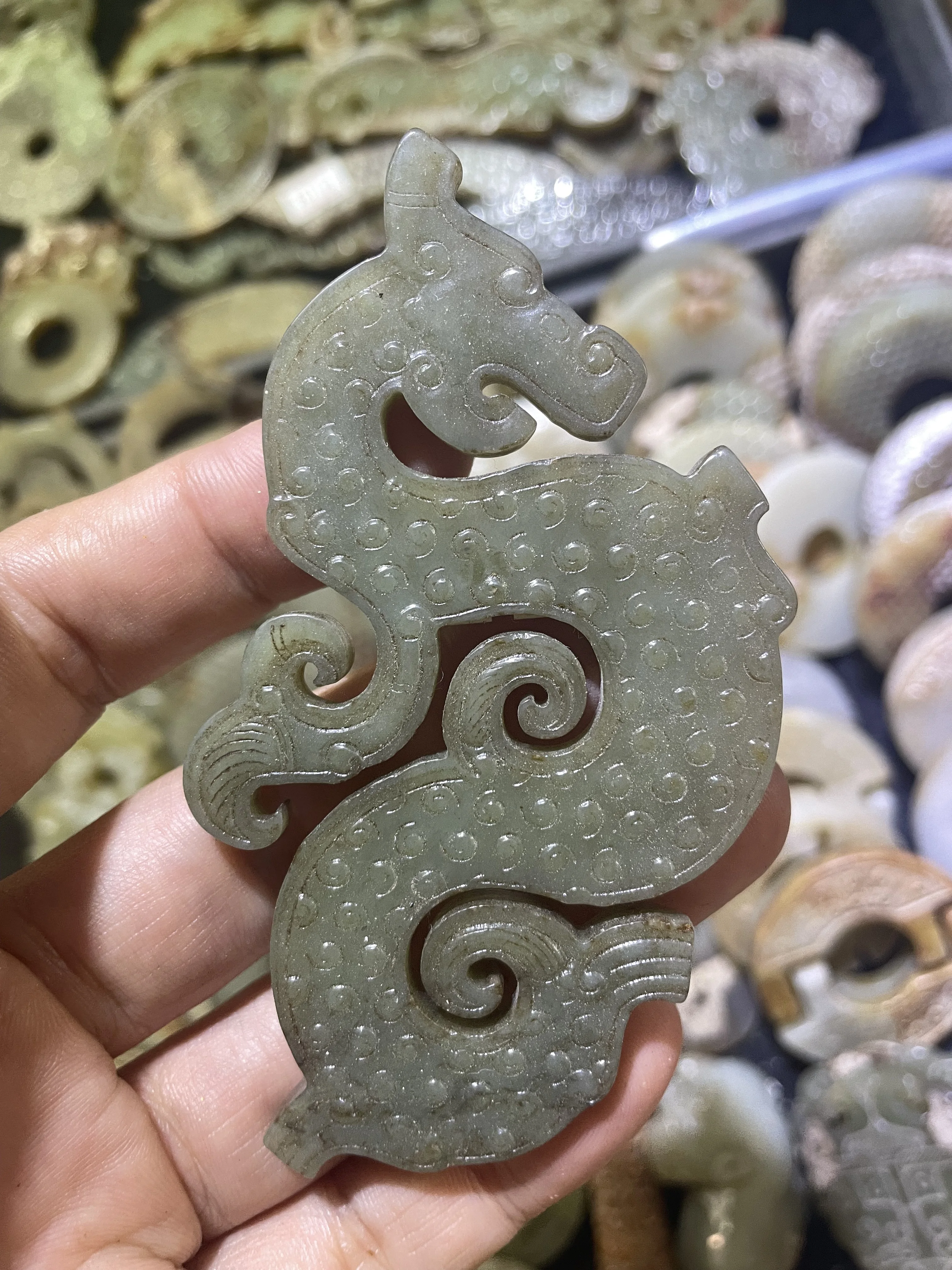 Kinds For Choice Treasure Top Chinese Hetian Old Jade Old Methed Sculptural totem 2 Side Pendant Carving Timestown 20240725B2