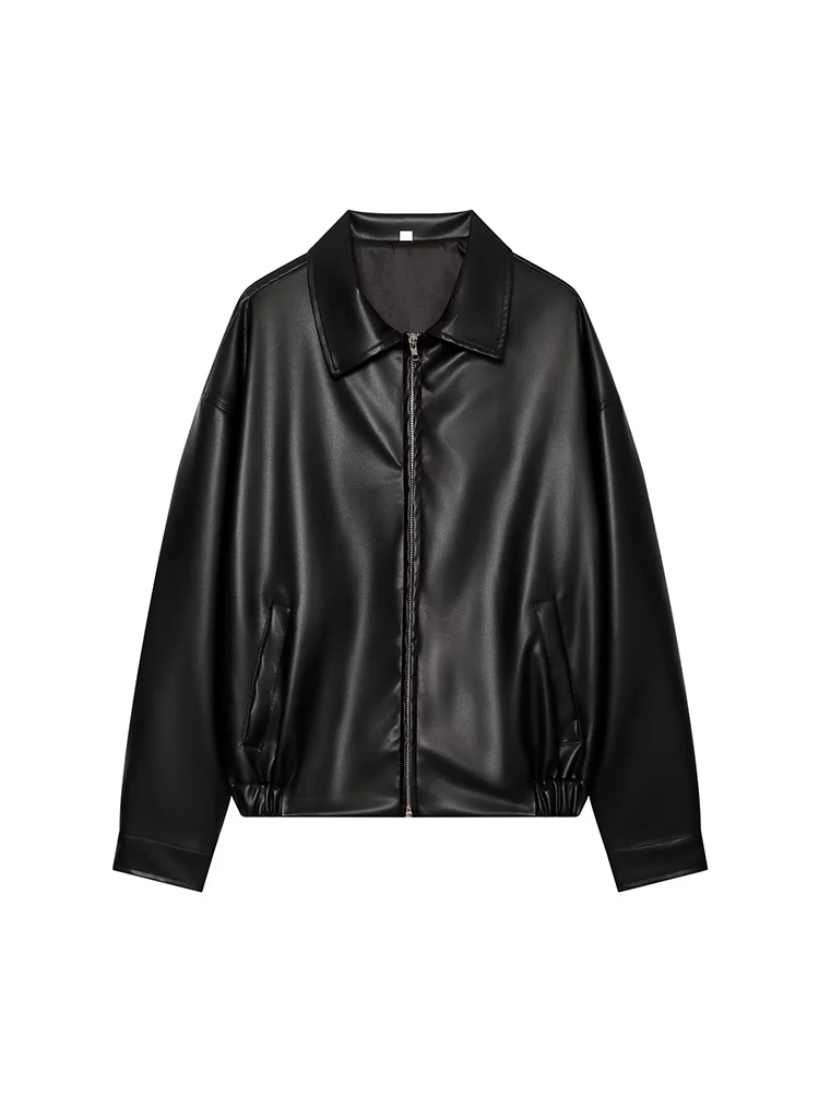 TFMLN Women Leather Jacket 2026 Autumn New Minimalist Lapel Loose Faux PU Leather Zipper Long Sleeve Coat Lady Streetwear