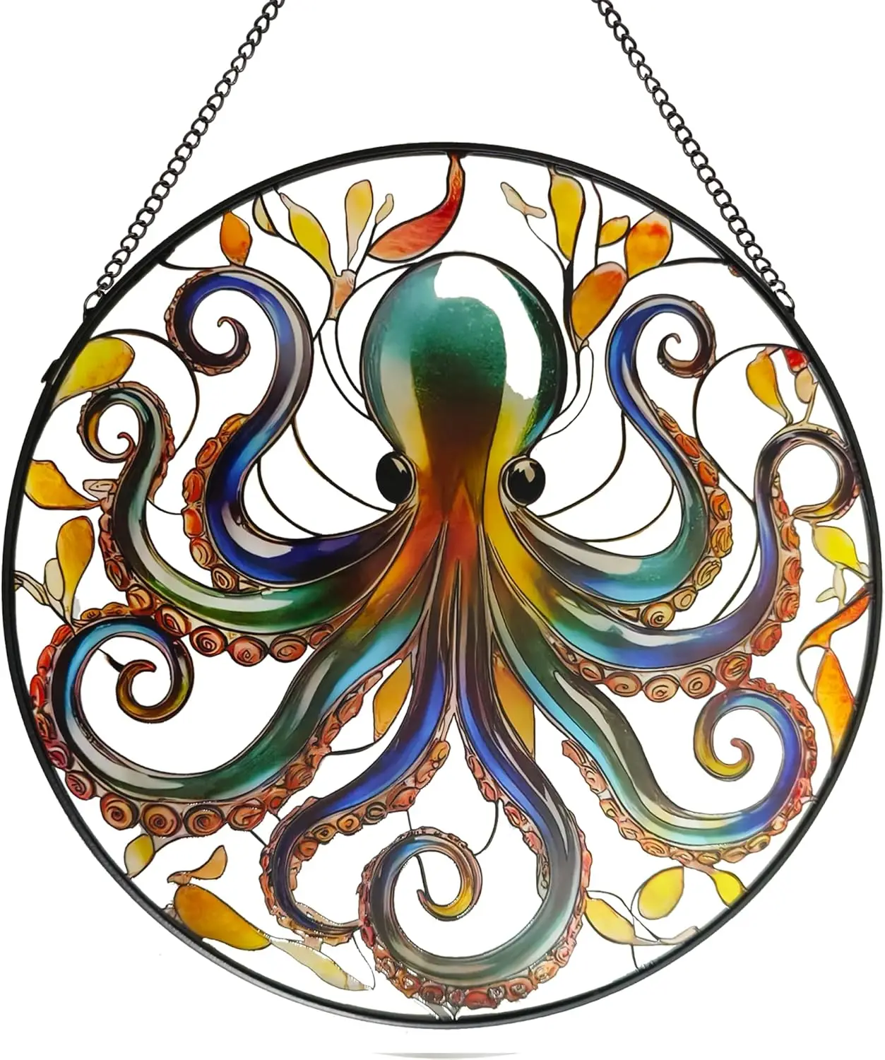 Octopus Stained Glass Window Hanging, 9.8’’ Sun Catcher Glass Panel Ocean Theme Wall Art Decor with Chain, Birthday Gift for Son