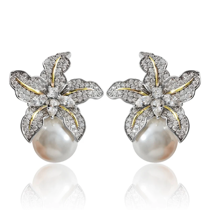 Huitan Hot Two Tone Flower Simulated Pearl Earrings for Women Aesthetic Lady's Ear Accessories Wedding Party Statement Jewelry image 4