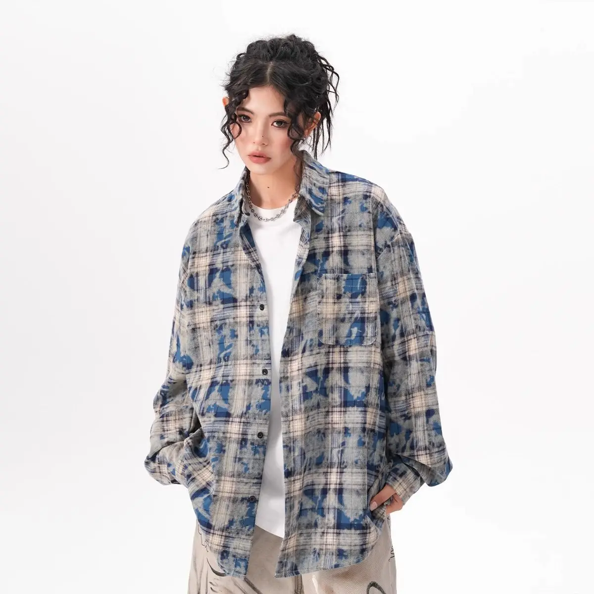 

American High Street Tie Dye Plaid Loose Long Sleeve Shirt Casual Unisex Vintage Brand Open Cardigan Coat Couple's Shirt