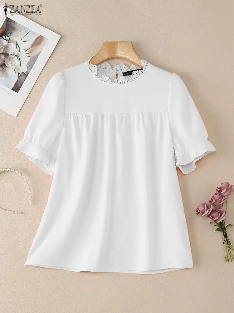 ZANZEA, элегантные офисные блузки с пышными рукавами, летняя блузка 2026, женская стильная кружевная лоскутная рубашка с короткими рукавами, повседневная однотонная рубашка