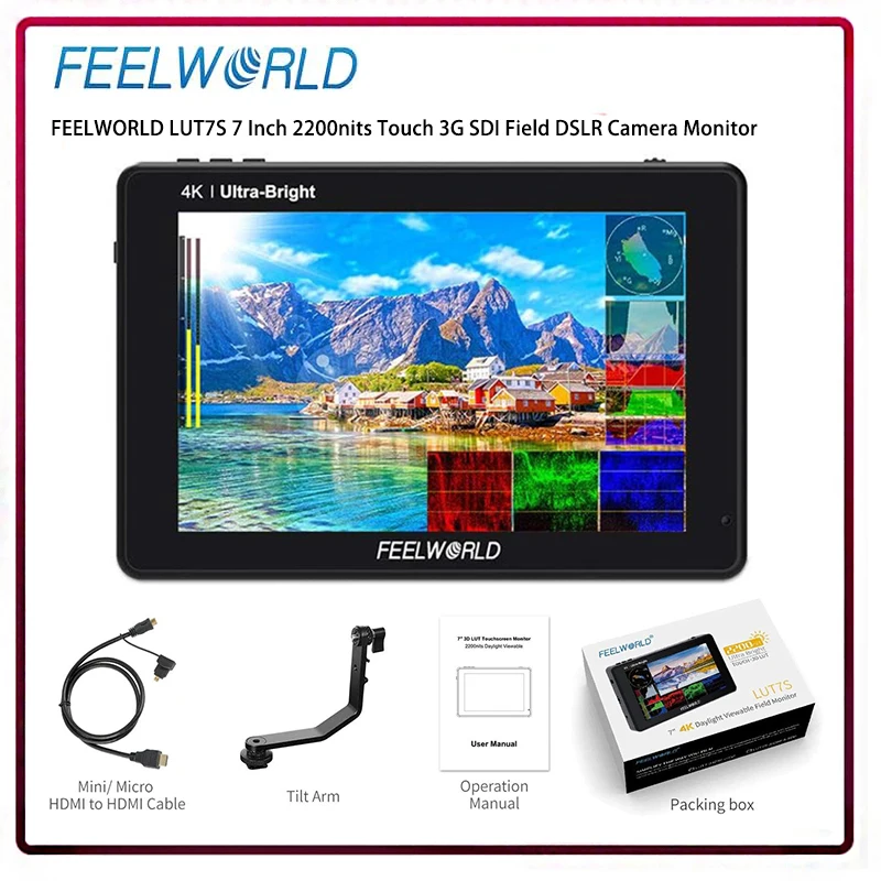 High Bright 2200nits 7 Inch Touch Monitor FEELWORLD LUT7S, 3G SDI 4K HDMI 3D LUT Auto Light Sensor for Professional Filmmaker
