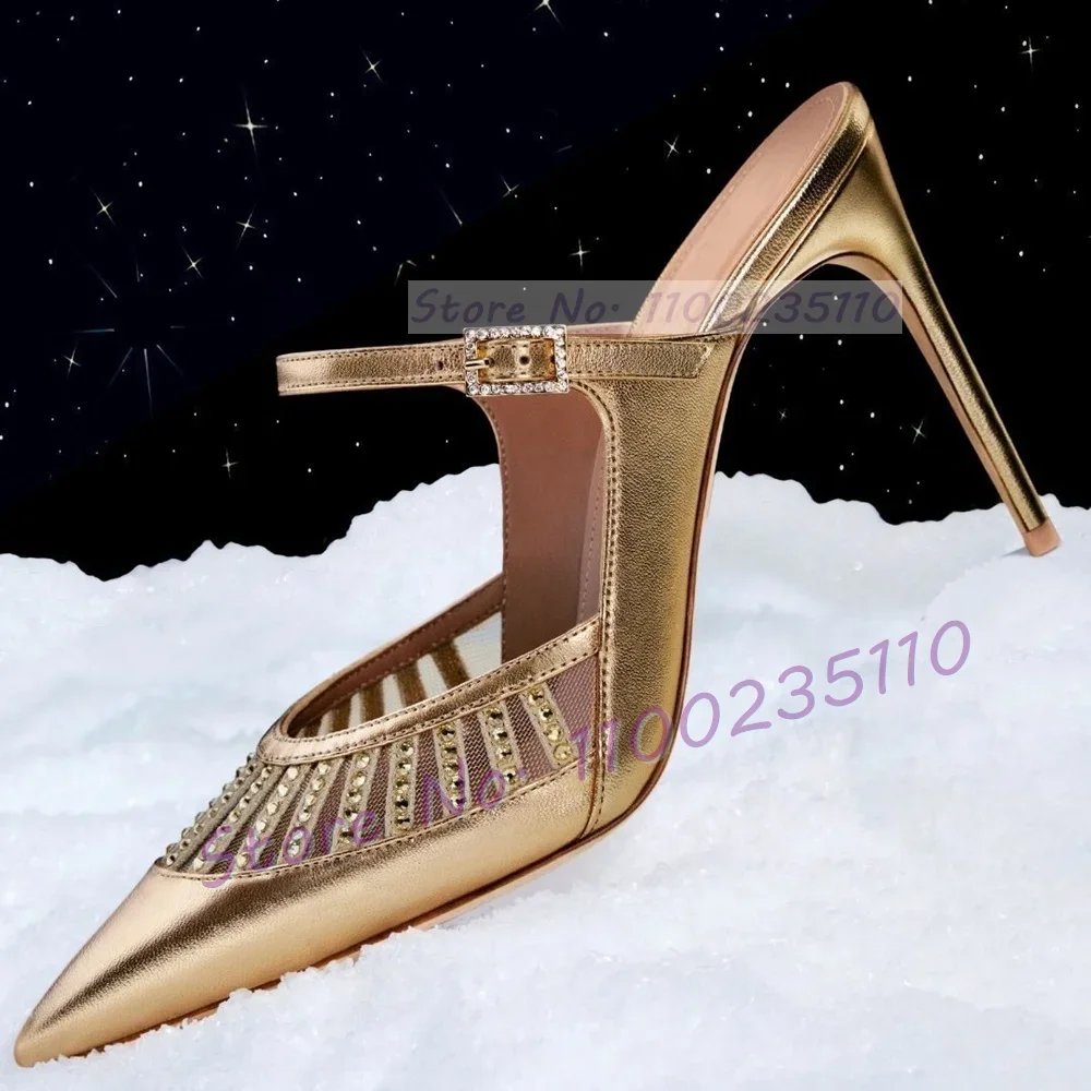 

Gold Metallic Pointy High Heels Mules Woman Sexy Cutout Rhinestones Strap Stiletto Slippers Ladies Summer Crystal Buckle Shoes