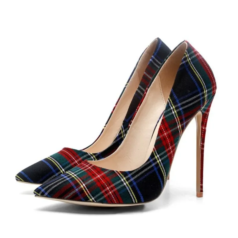 Elegant Red Green Checkered Cloth High Heel Shoes 12cm 10cm Real Photo Shallow Pointed Toe Plaid Wedding Pumps