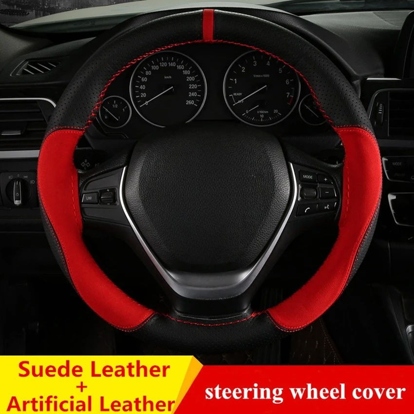 38cm Car Steering Wheel Cover Artificial Leather + Suede Leather Steering Wheel Cover Soft Anti slip Braid With Needles Thread