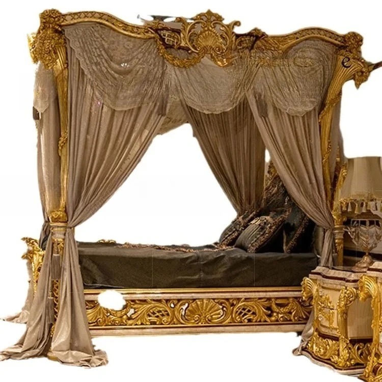 

European court princess bed French bedroom wedding bed Italian solid wood carving gold foil shelf bed