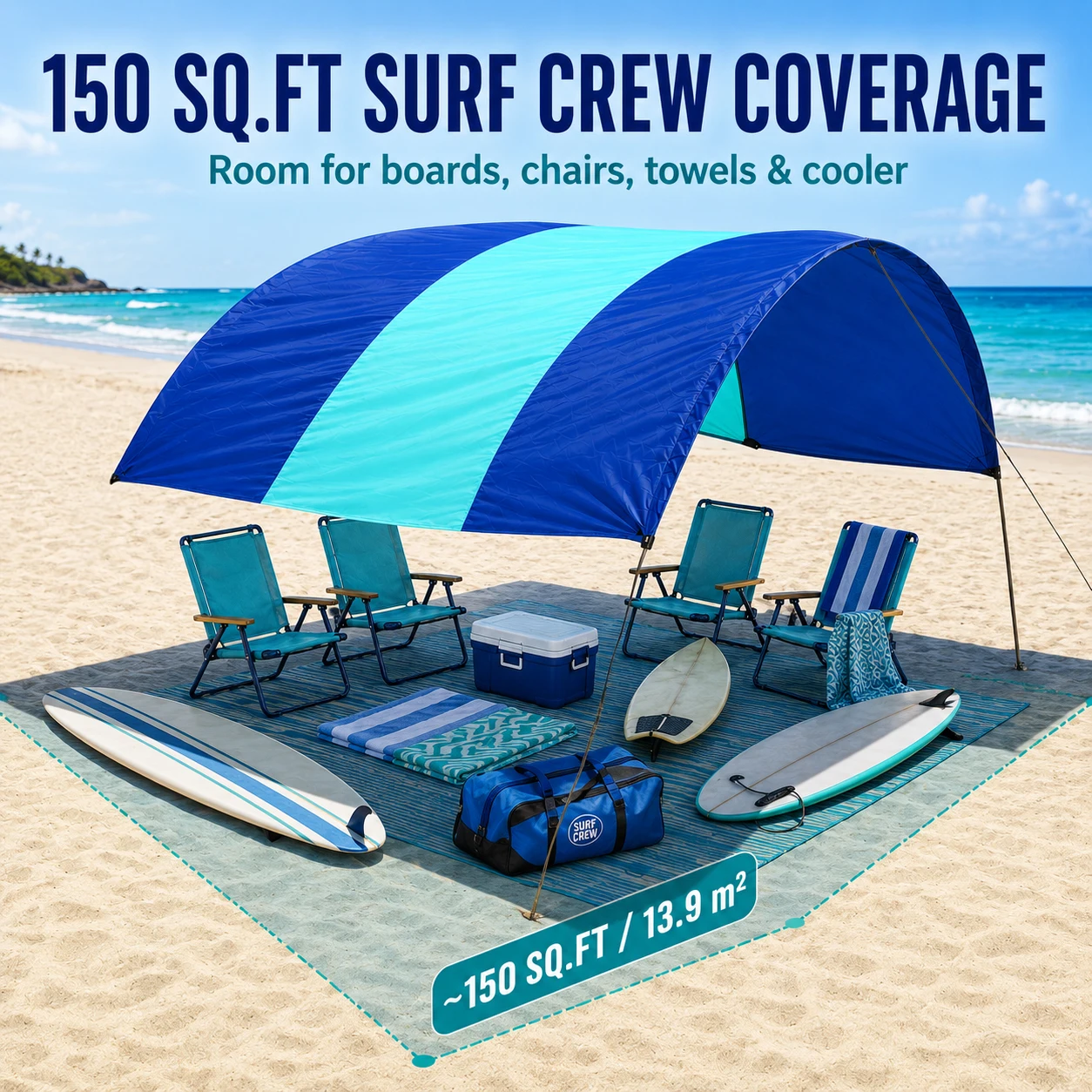 150 SQ.FT Beach Shade Canopy, UPF50+ Wind-Powered Lightweight Beach Tent with Sand Anchors for Surfing Water Sports view 3