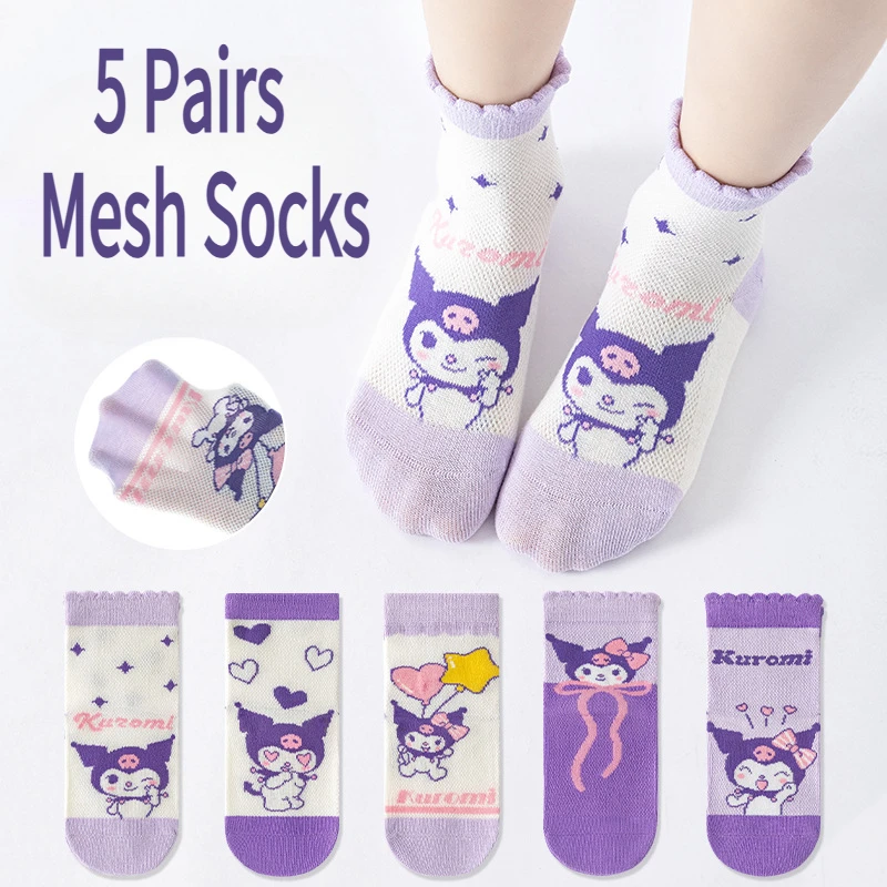 

5 Pairs Sanrio Kuromi Kids Socks Summer Cute Cartoon Children Mid-calf Cotton Mesh Breathable Thin Sock for Girls Gifts 1-12 Y