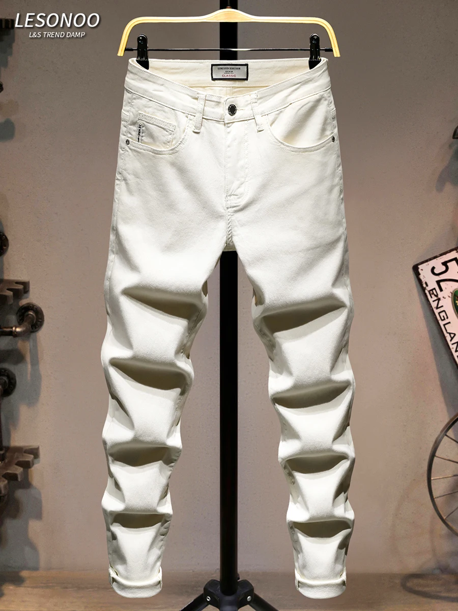 

Летние тонкие эластичные джинсы, мужские облегающие повседневные длинные брюки из хлопковой эластичной ткани, молодежные, модные, простые, универсальные, дышащие