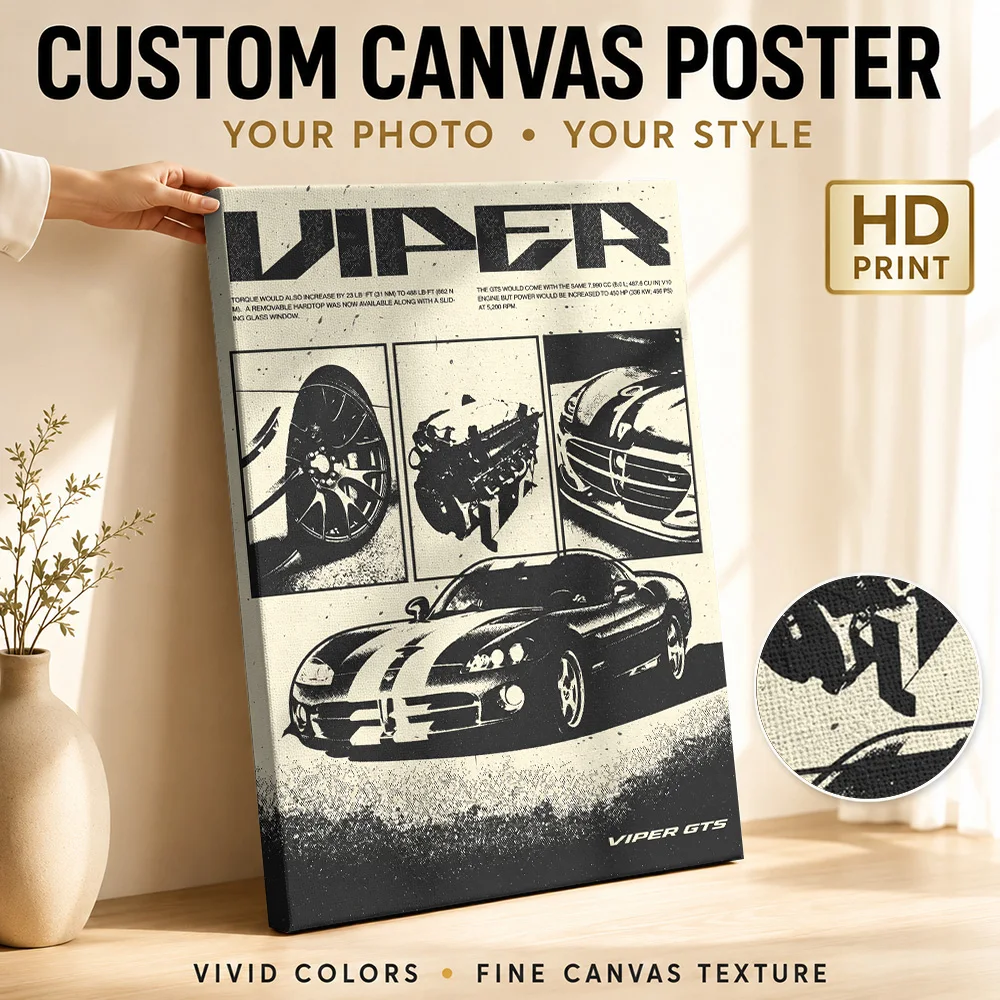 American Viper GTS Black Sports Car Framed Canvas Posters Retro Wall Decor With Customized Photo For Workshop Ideal Driver Gift