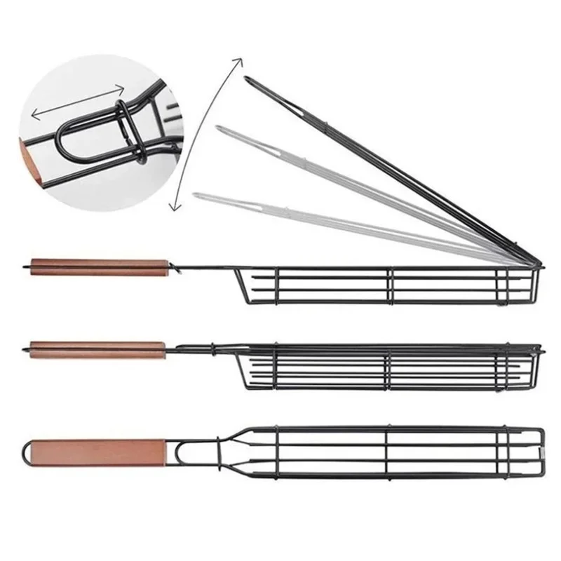 Portable BBQ Grilling Barbecue Basket Bar Shape Iron & Wood Skewer Basket Outdoor Barbecue Utensils Grilling Basket BBQ Tools