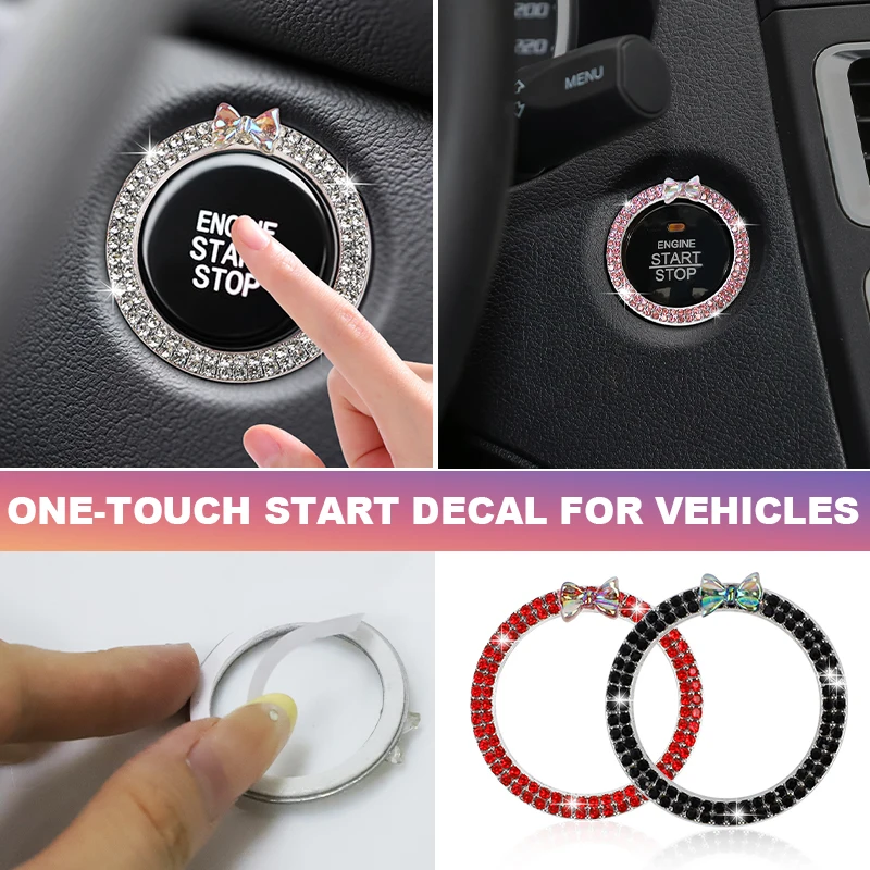 1PCS Rhinestone Bowknot Car Start Button Decoration Circle Diamond One Click Start Button Engine Start Stop Switch Button Cover