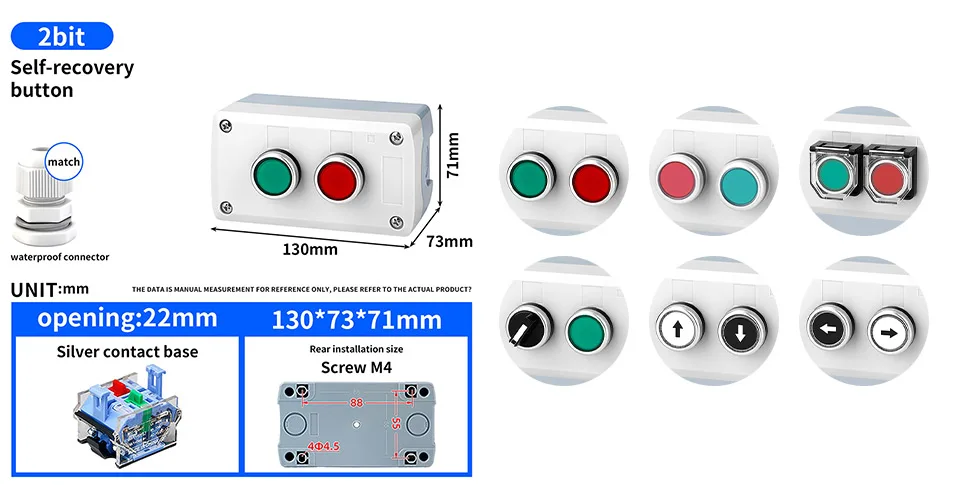 1-teiliges 22-mm-2-Bit-Steuerstation-Box-Set, Drucktastenschalter, 2-Positionen-Drehschalter und Not-Aus-Taste (optional) – Detail 5