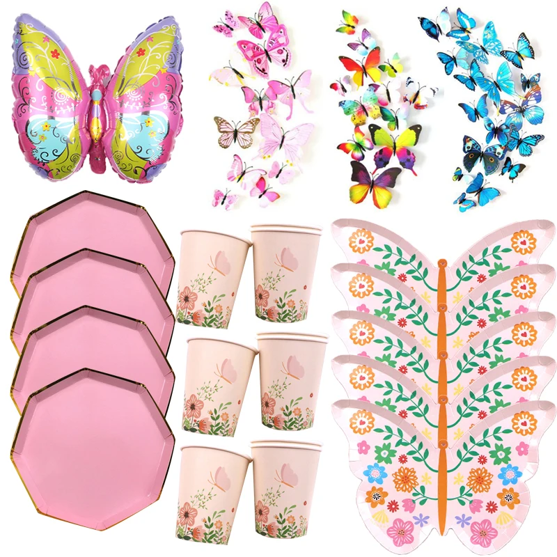 Pink Series Butterfly Party Plate Cup Straw Summer Floral Birthday Party Decorations Kids Baby Shower Gift Disposable Tableware