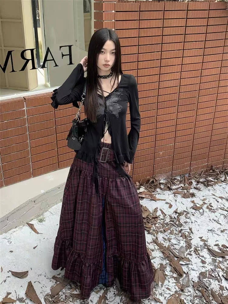 Frauen Vintage Plaid Rüschen langen Maxirock koreanischen Harajuku Reiß verschluss Gürtel hohe Taille A-Linie Röcke 2000s y2k Straße Gothic Kleidung