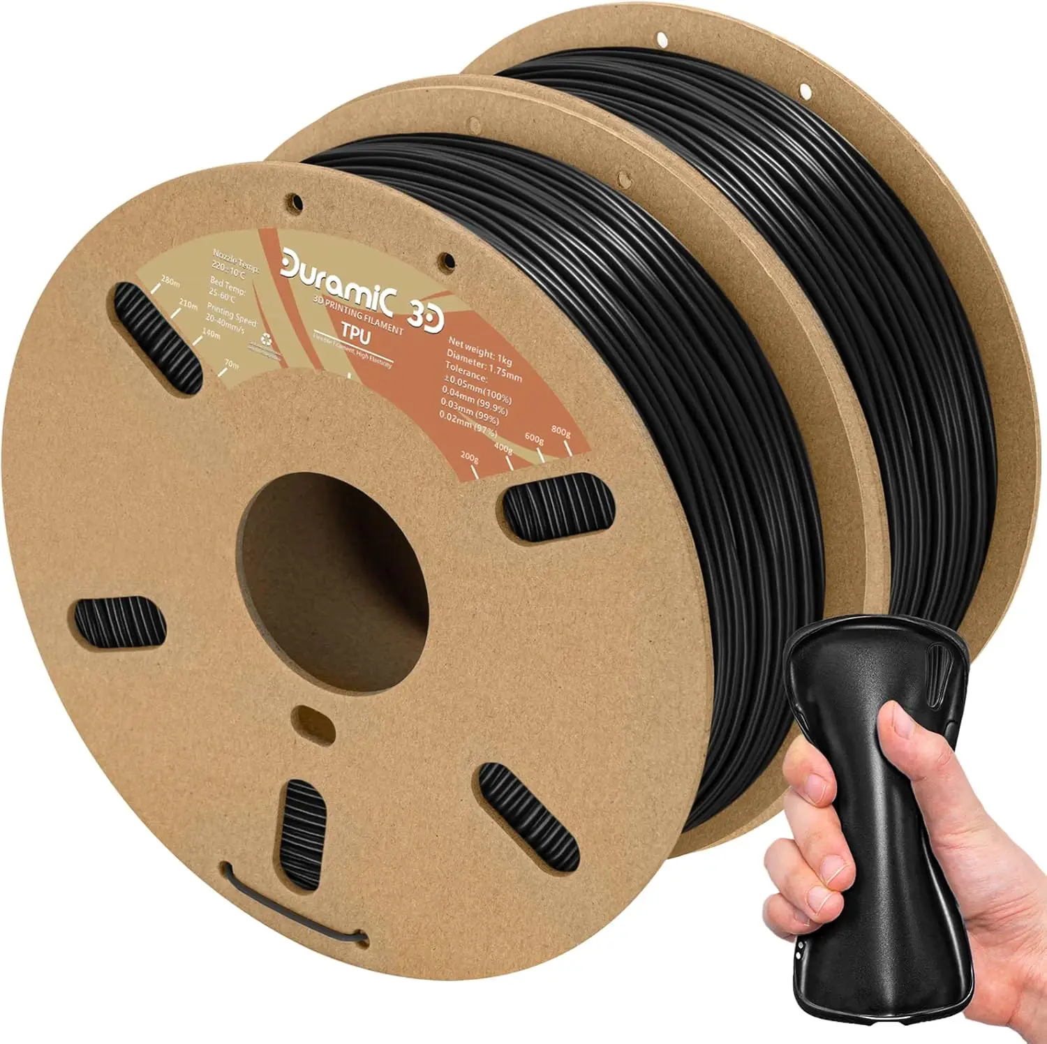 

Flexible TPU 3D Printing Filament 1.75mm Black, Soft 95A Material, 1kg Spool with High Accuracy +/-0.05mm, 2 Pack